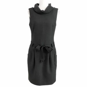 OUI COLLECTION WOOL BLEND CHARCOAL PINSTRIPE SLEEVELESS TURTLENECK BELTED DRESS